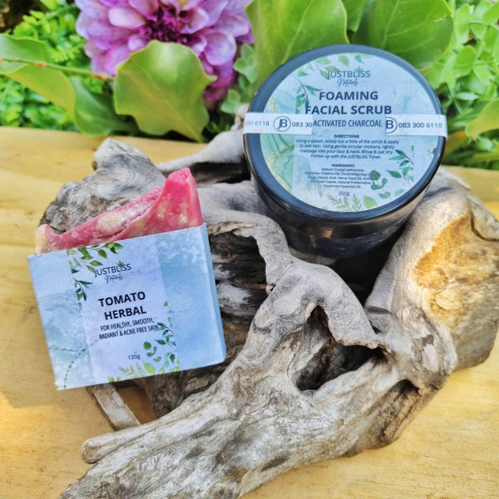 Natural Acne Bundle for Teens & Tweens – Tomato Soap & Charcoal Scrub JUSTBLiSS Naturals