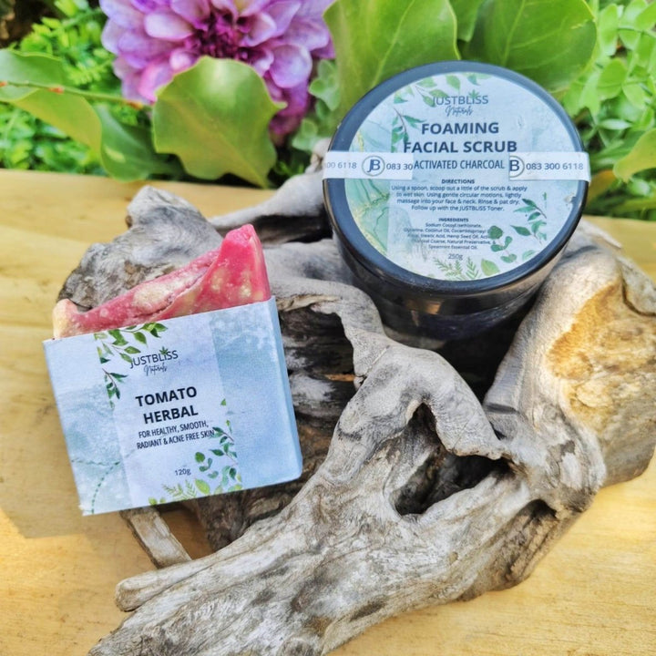 Natural Acne Bundle for Teens & Tweens – Tomato Soap & Charcoal Scrub JUSTBLiSS Naturals