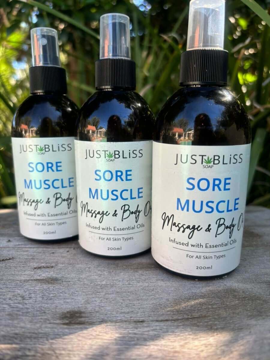 BODY OIL: Sore Muscles Massage & Body Oil - JUSTBLiSS Soap
