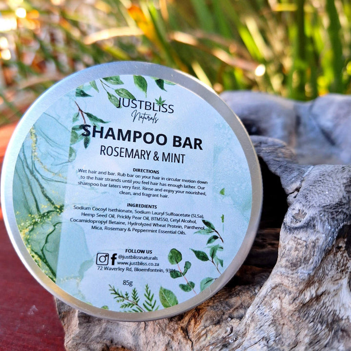 Eco-friendly Shampoo Bar in reusable tin, rosemary and mint scent, hair care.