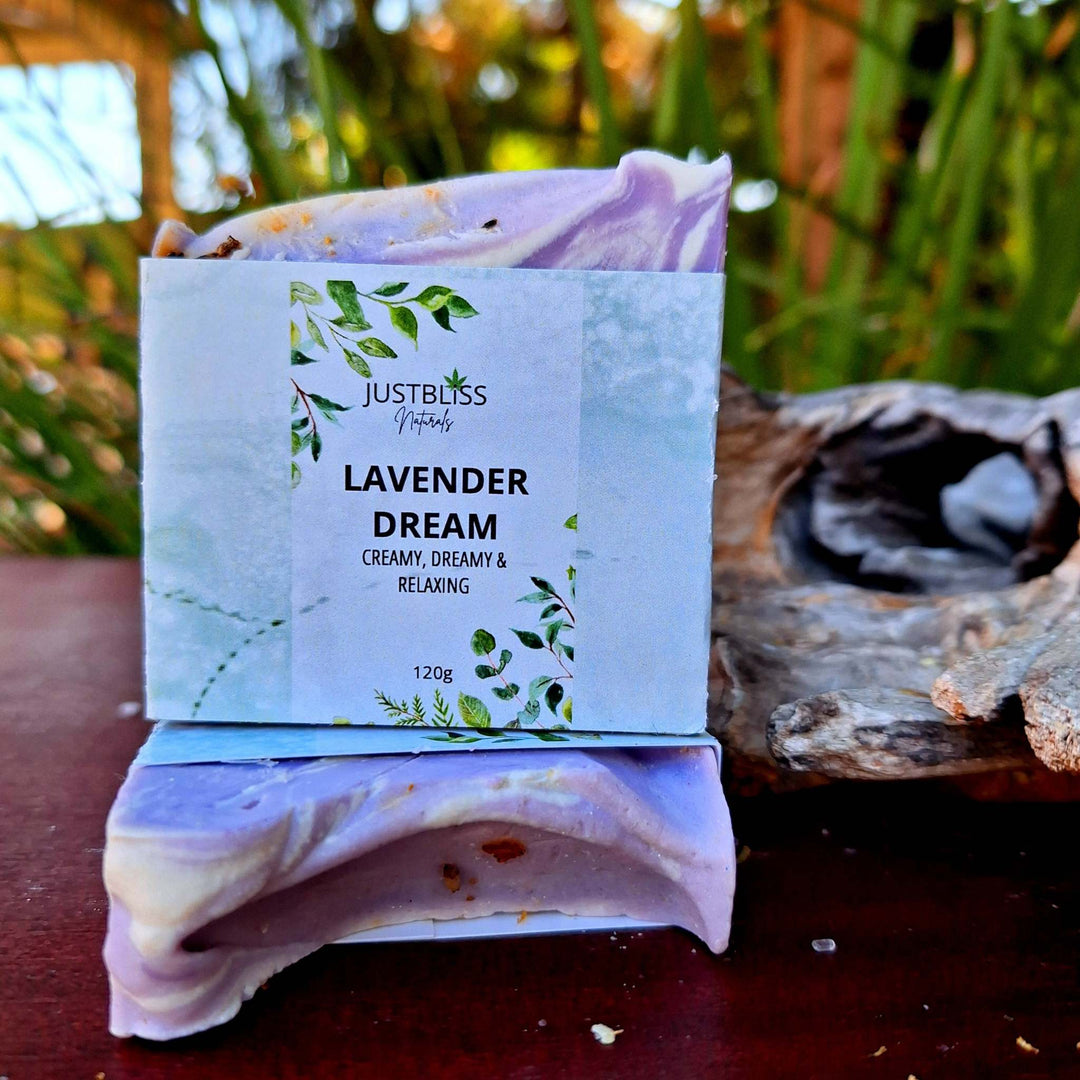 Artisan Soap Bar and Bath Bombs Combo with Lavender Dream scent, showcasing a tranquil, handcrafted experience.