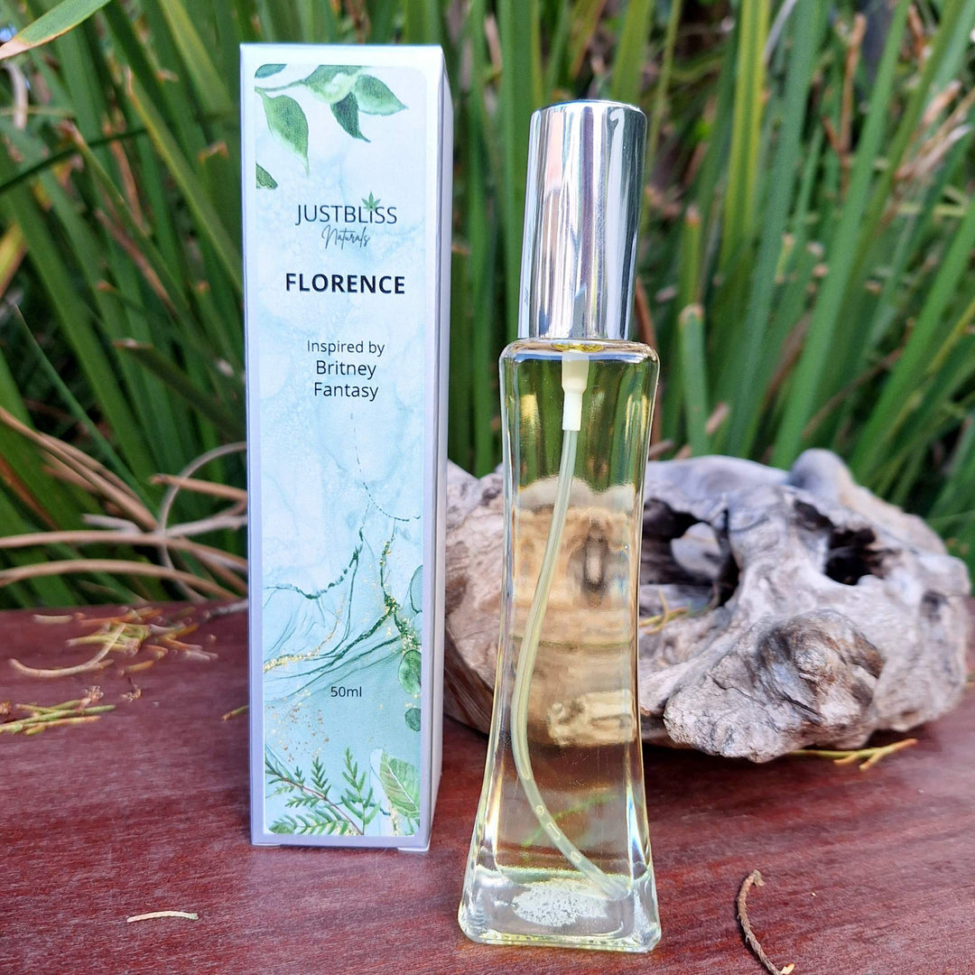 Floral perfume bottle with packaging, inspired by Britney Fantasy, 50ml oil-based for women.