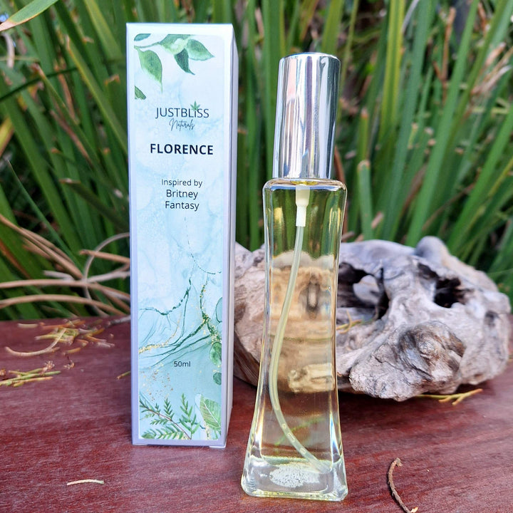 Floral perfume bottle with packaging, inspired by Britney Fantasy, 50ml oil-based for women.