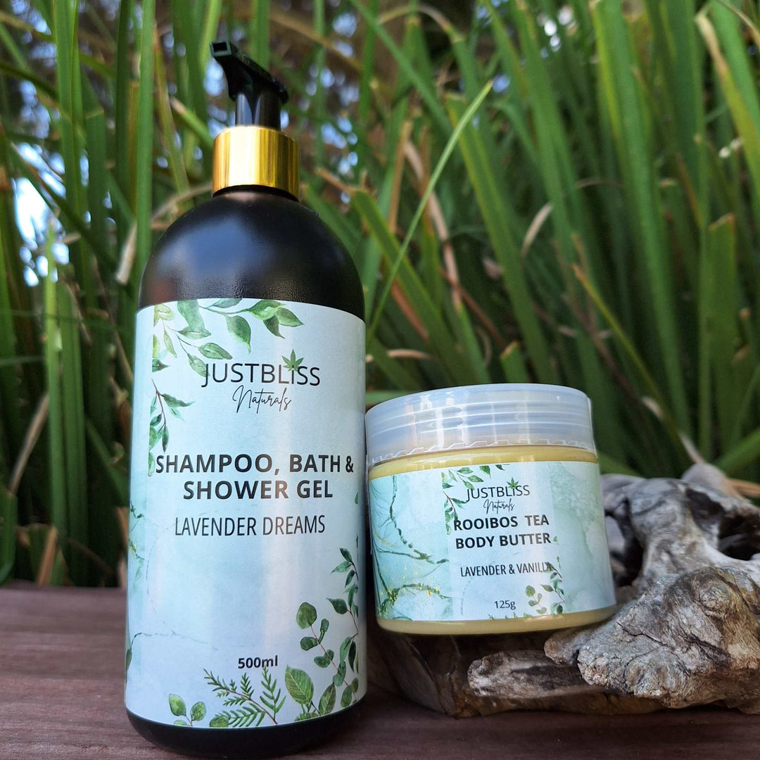 COMBO BODY WASH & BODY BUTTER with lemongrass scent for gentle cleansing and complete hydration.
