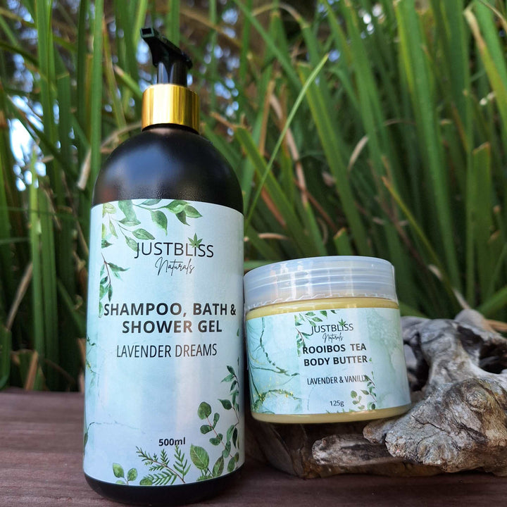 COMBO BODY WASH & BODY BUTTER with lemongrass scent for gentle cleansing and complete hydration.