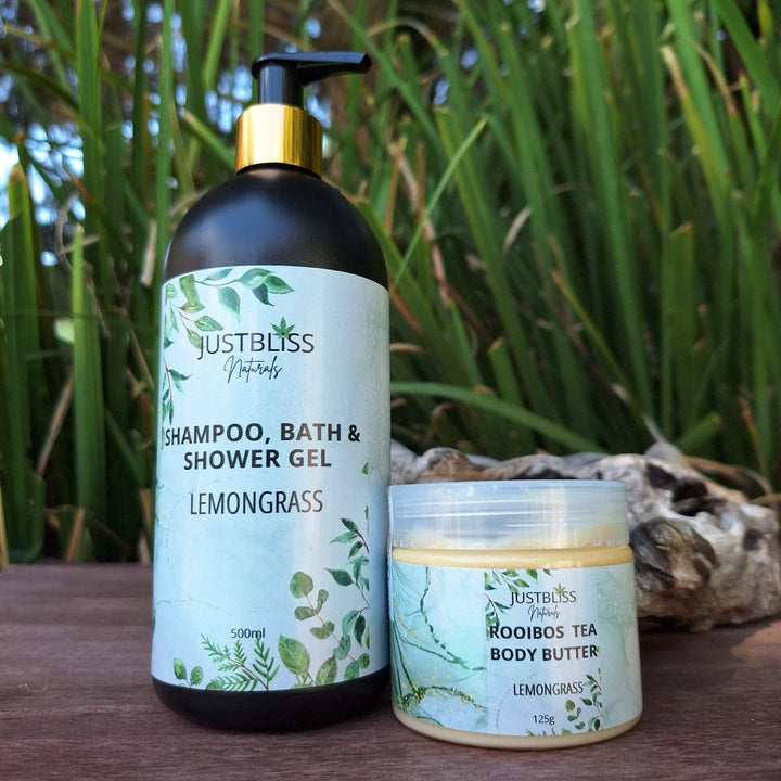 COMBO BODY WASH & BODY BUTTER with lemongrass scent, featuring JUSTBLiSS Shampoo, Bath & Shower Gel, and Rooibos Tea Body Butter for complete hydration and cleansing.
