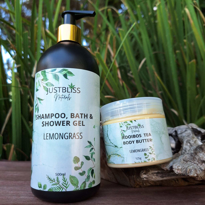 COMBO BODY WASH & BODY BUTTER with lemongrass scent, featuring shampoo, bath & shower gel, and Rooibos tea body butter for complete hydration.