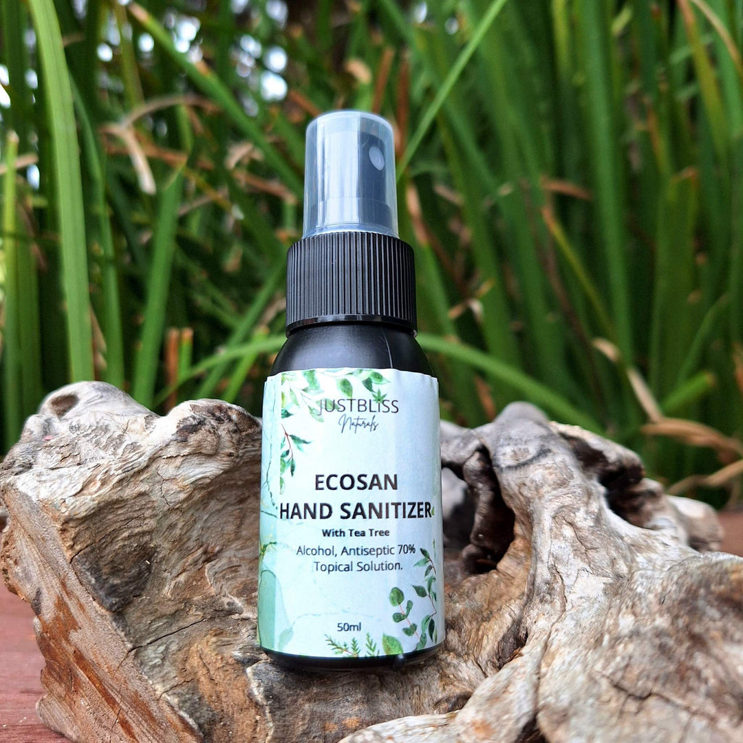 EcoSan 70% Alcohol Hand Sanitizer with Tea Tree Oil, 50ml bottle, eco-friendly hygiene solution.