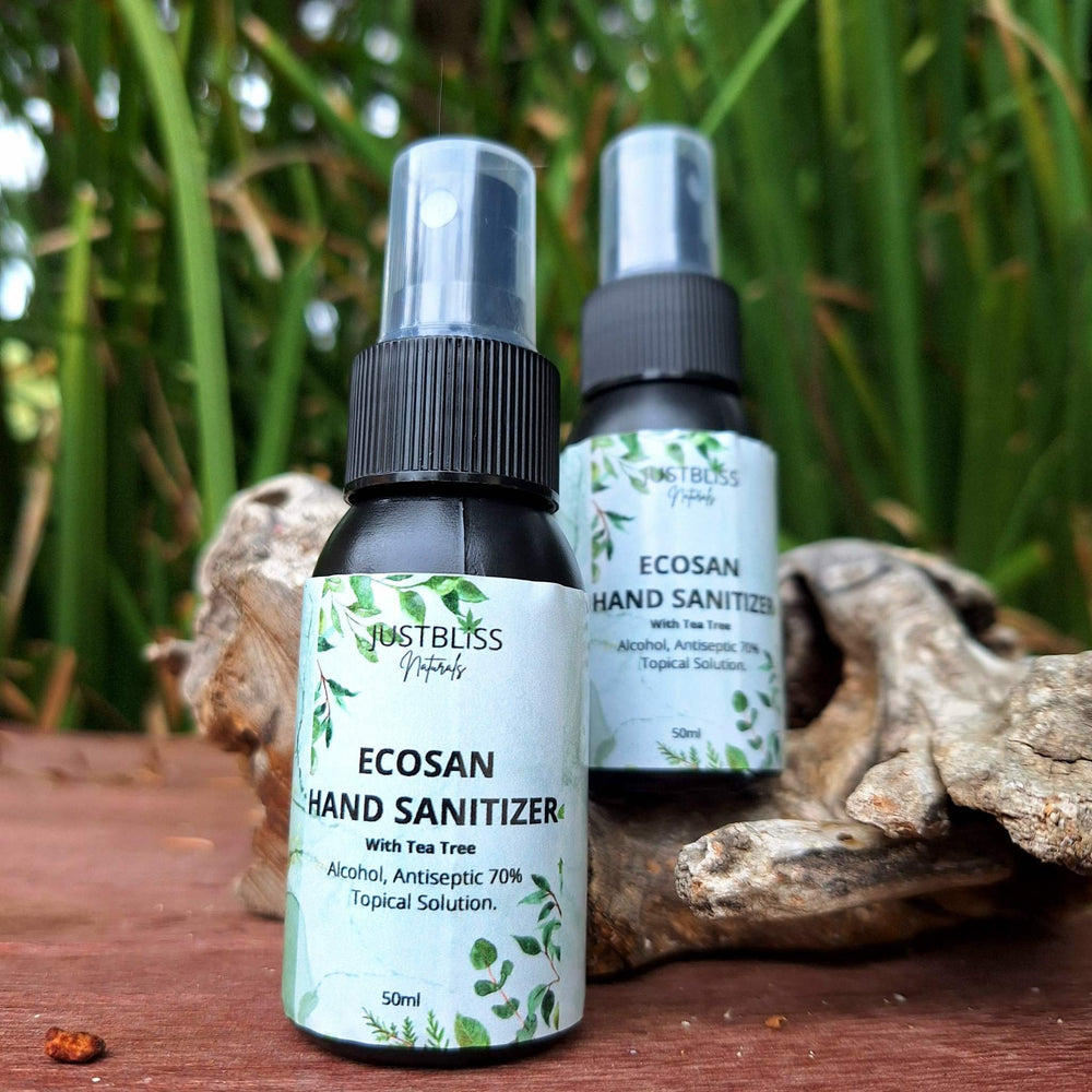EcoSan 70% Alcohol Hand Sanitizer with Tea Tree Oil, shown in 50ml and 250ml bottles, eco-friendly antibacterial solution.