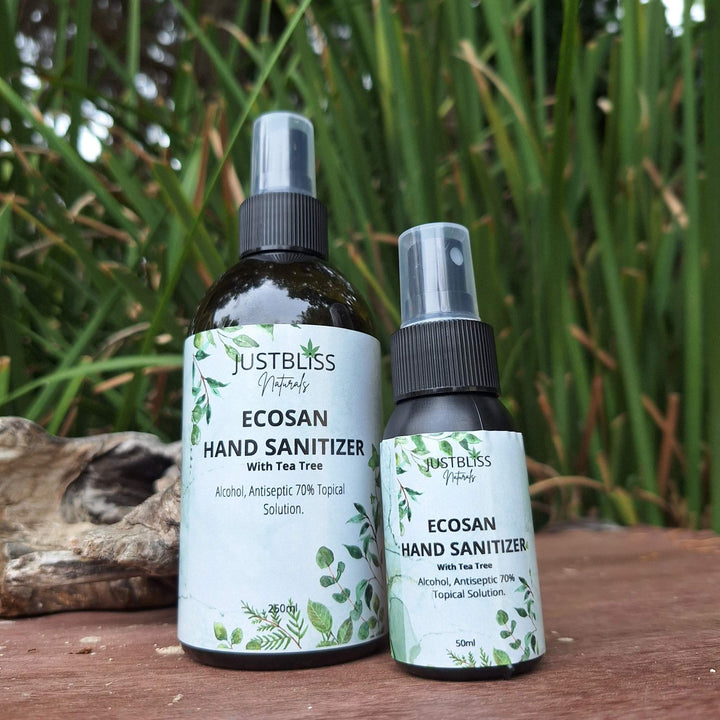 EcoSan 70% Alcohol Hand Sanitizer with Tea Tree Oil, 250ml and 50ml bottles, eco-friendly hygiene solution.