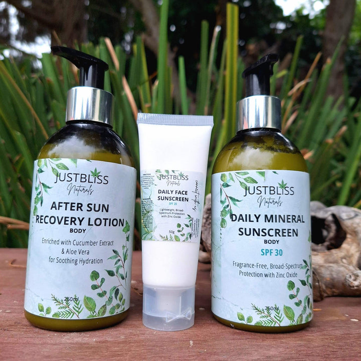 Plant-Based Sun Protection and After Sun Lotion Combo - Daily Face SPF20, Body SPF30, and After-Sun Soothing Lotion.