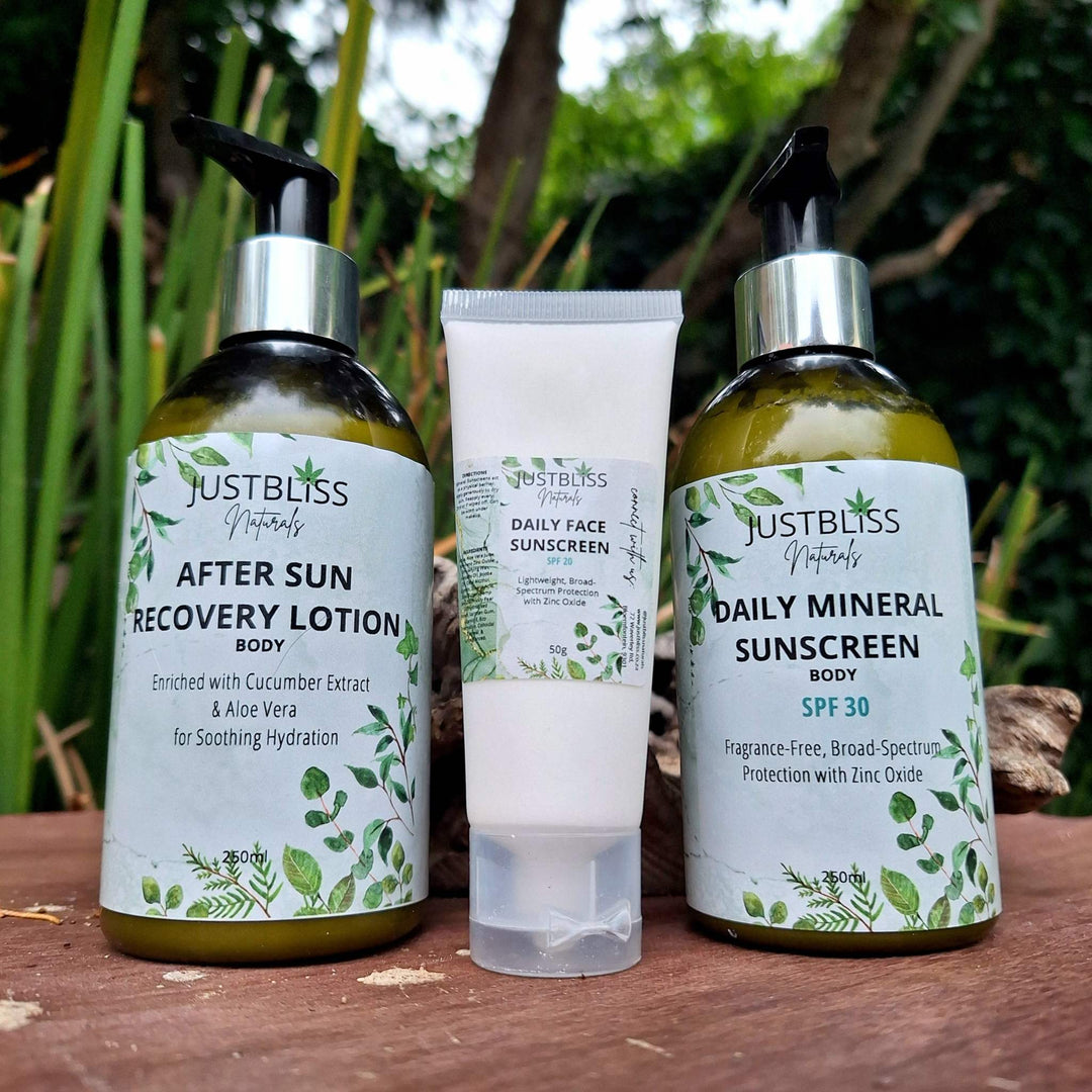 Plant-Based Sun Protection Combo: Daily Face SPF20, Body SPF30, After-Sun Soothing Lotion displayed on a wooden surface.