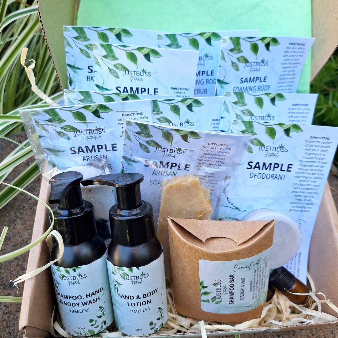 Luxury plant-based skincare and body care starter kit with samples, including hand & body wash, lotion, shampoo bar, body scrub, and more, displayed in
