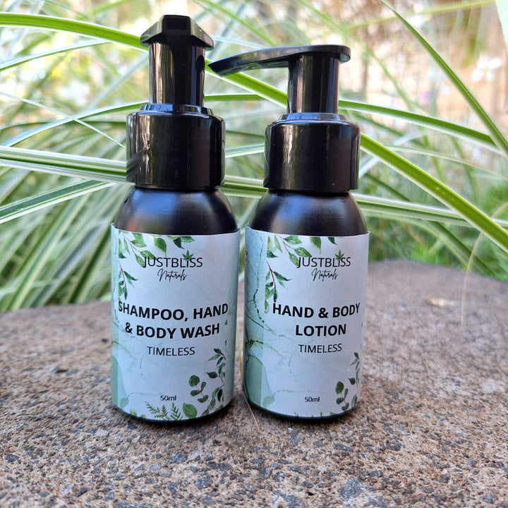 Luxury plant-based skincare and body care samples from JUSTBLiSS, featuring hand and body wash and lotion in travel sizes.