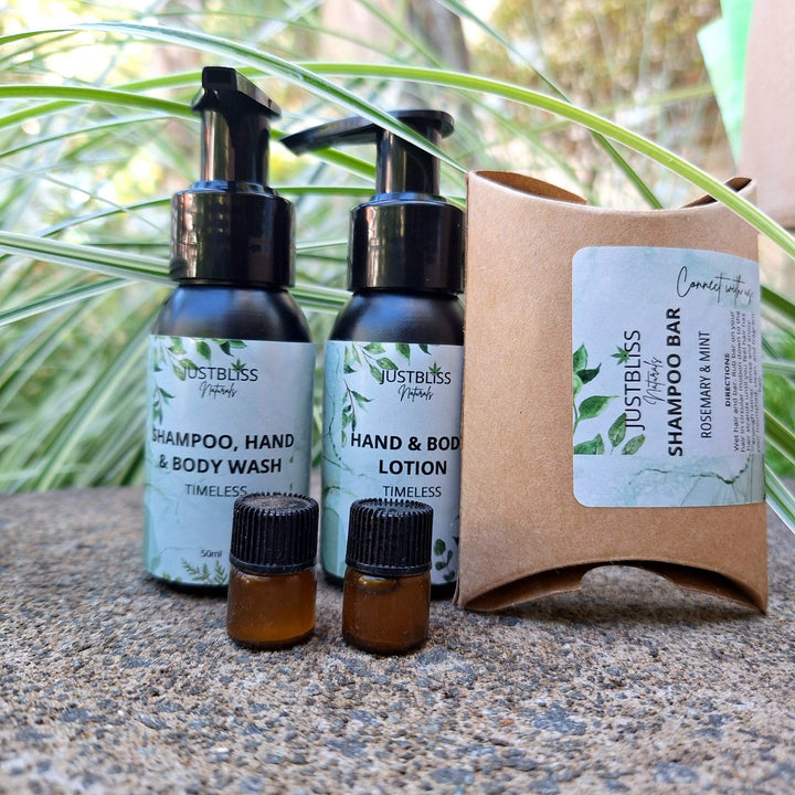 Starter Kit with plant-based skincare and body care samples including hand & body wash, lotion, shampoo bar, and oils on a natural background.