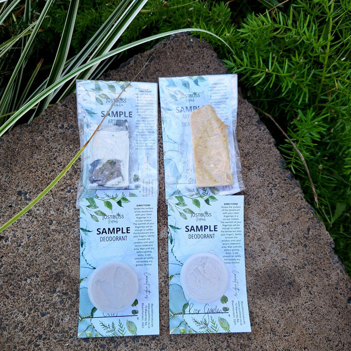 Starter Kit: Luxury plant-based skincare and body care samples from JUSTBLiSS, featuring deodorant and soap samples.