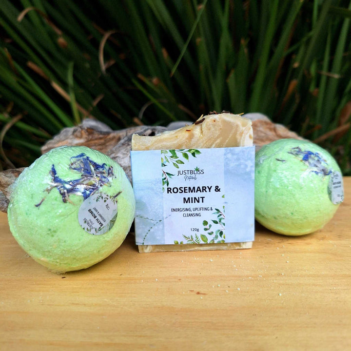 Artisan Luxury Bath Set - Soap Bar and Bath Bombs Combo with Rosemary and Mint fragrance, shown on a wooden surface.