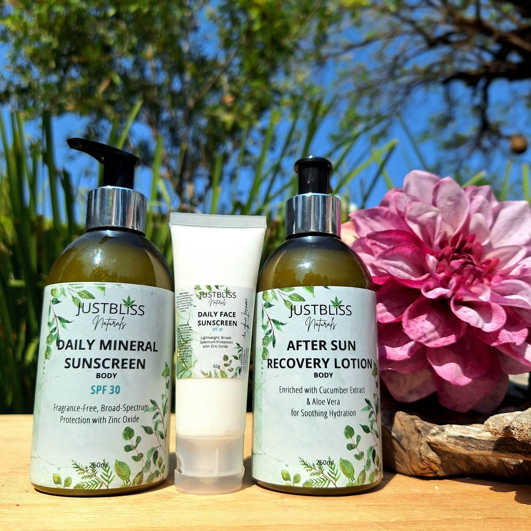 Plant-Based Sun Protection Trio – Face SPF 20, Body SPF 30 & After-Sun Lotion - JUSTBLiSS Naturals