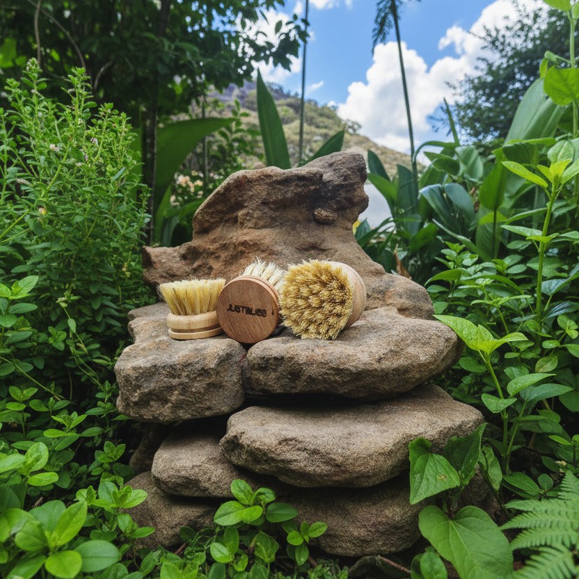 Two natural bristle brushes with wooden handles on rocks outdoors