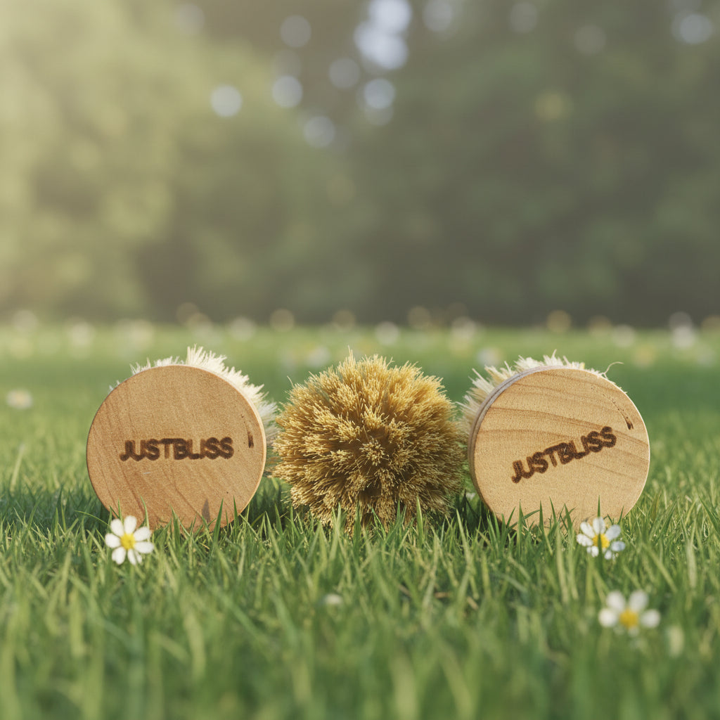 Two wooden scrub brushes with bristles on a stone surface, branded 'JUSTBLISS'.