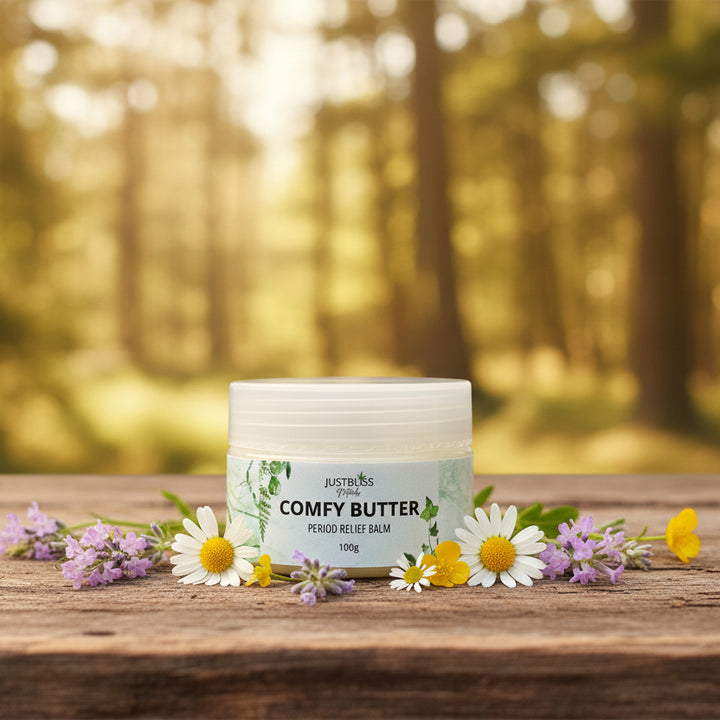 Comfy Butter Herbal Period Relief Balm – Shea &amp; Botanical Comfort - JUSTBLiSS Naturals