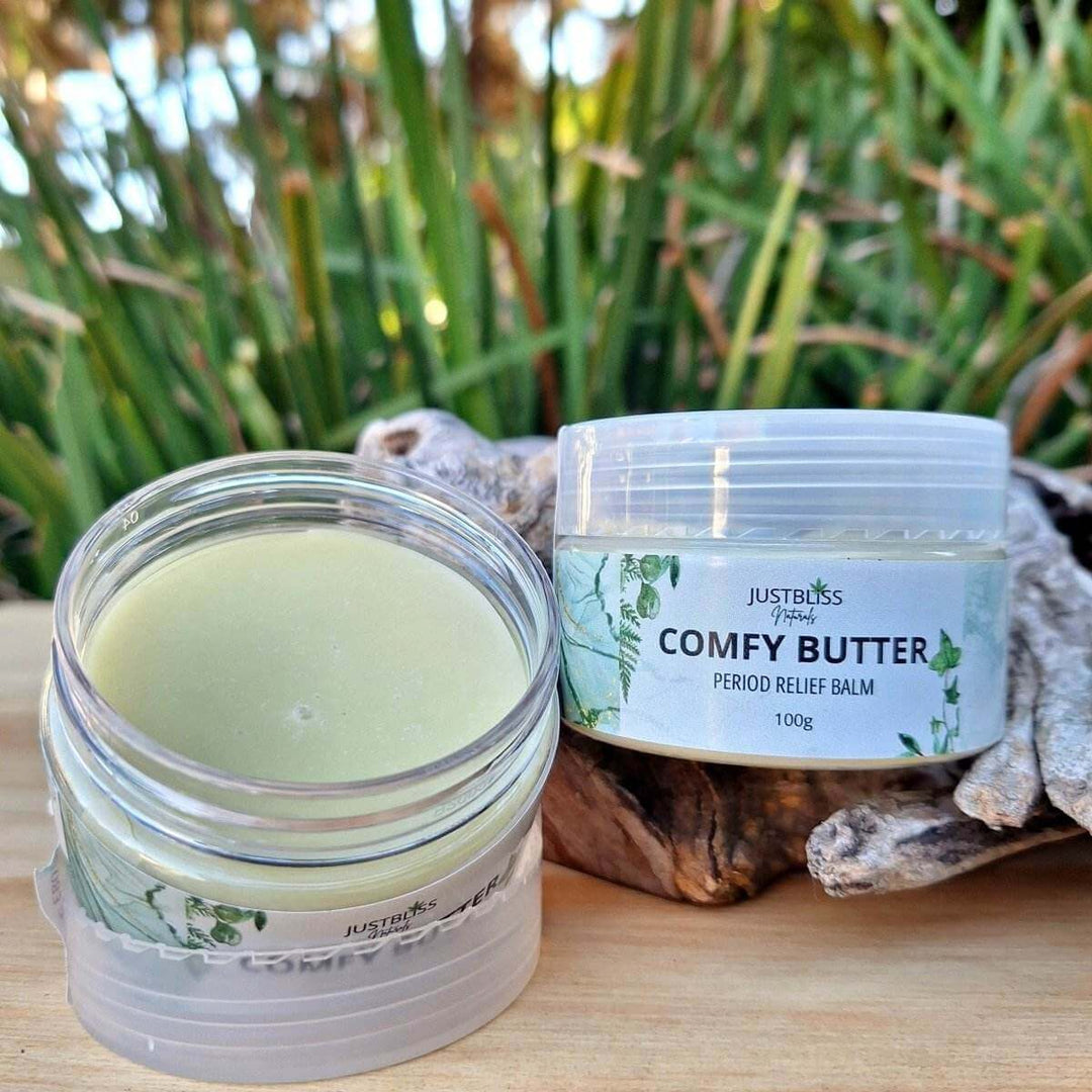 Comfy Butter Herbal Period Relief Balm – Shea & Botanical Comfort - JUSTBLiSS Naturals