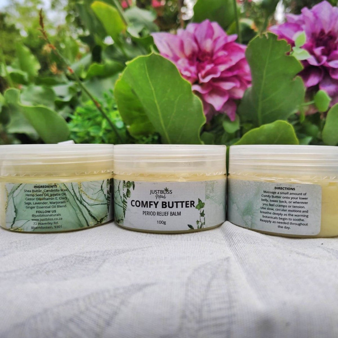 Comfy Butter Herbal Period Relief Balm – Shea &amp; Botanical Comfort - JUSTBLiSS Naturals