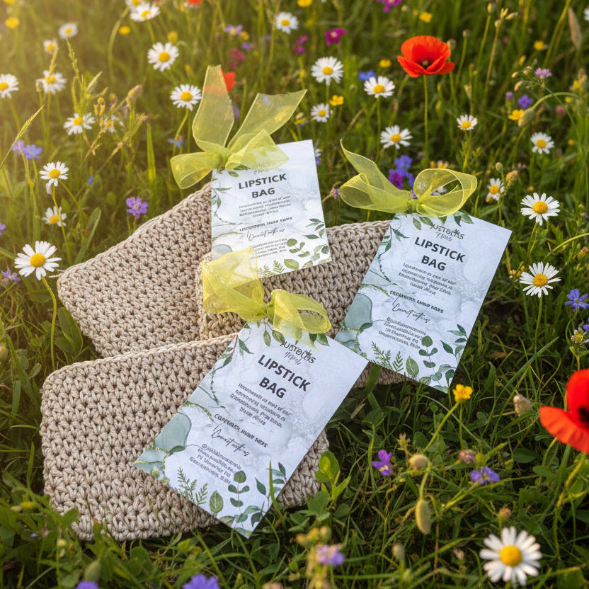 Lipstick bags with green ribbons and labels on a dark surface