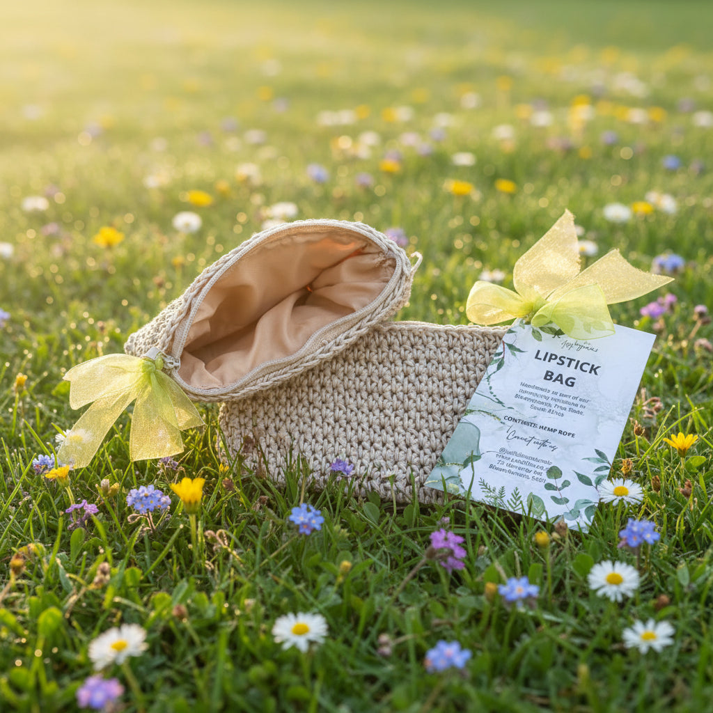 Beige lipstick bag with a green bow and label on a dark surface