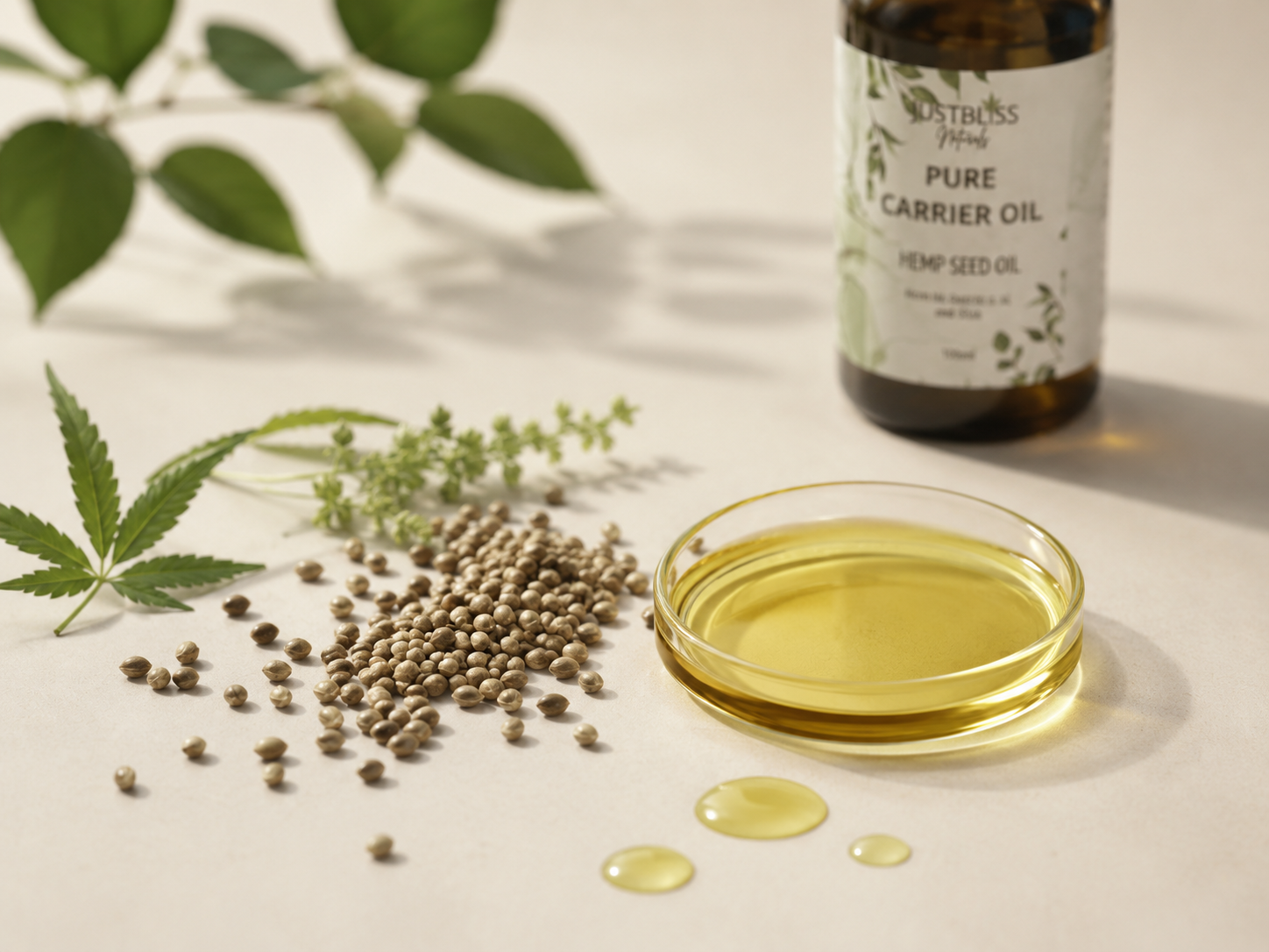 Cold-pressed hemp seed oil bottle with hemp seeds and golden plant oil
