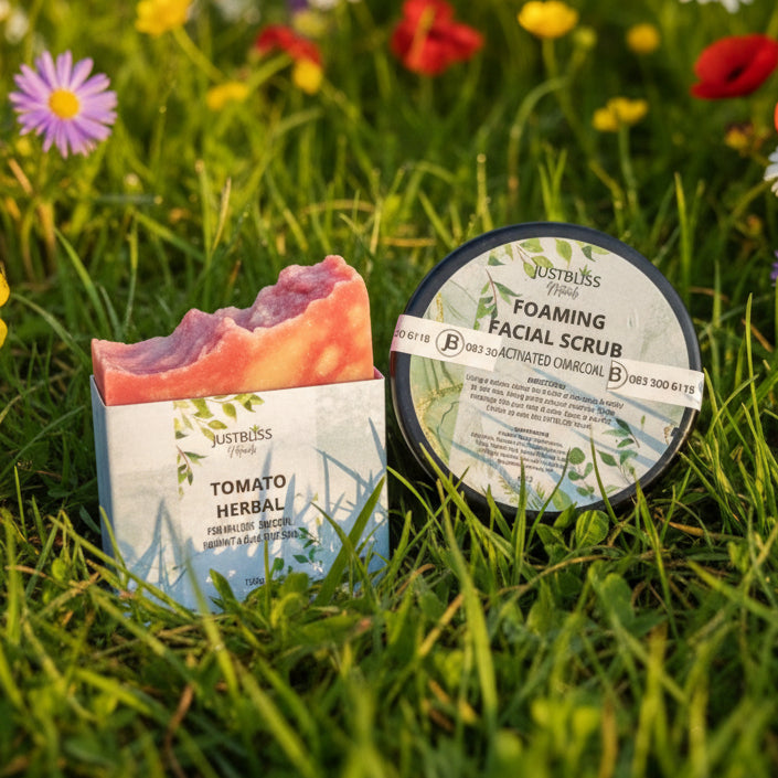 Natural Acne Bundle for Teens &amp; Tweens – Tomato Soap &amp; Charcoal Scrub JUSTBLiSS Naturals