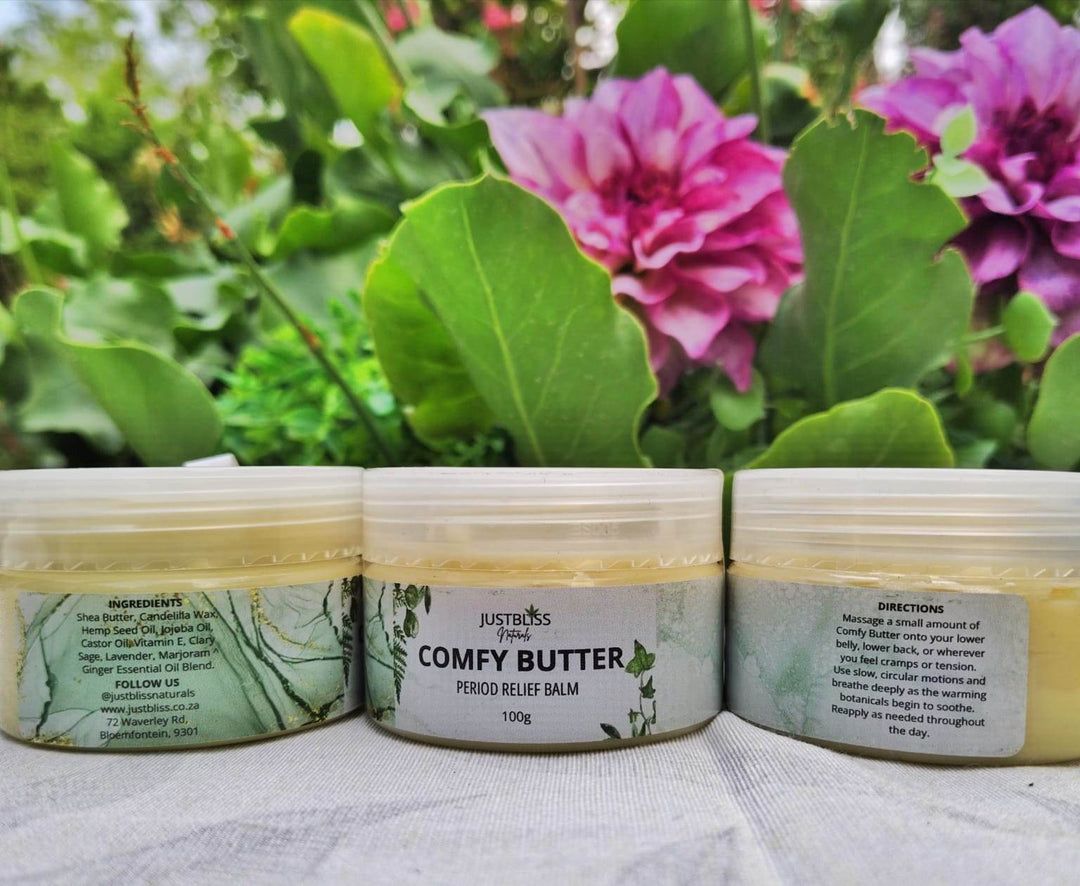 Comfy Butter – Herbal Period Relief Balm with Shea & Essential Oils - JUSTBLiSS Naturals