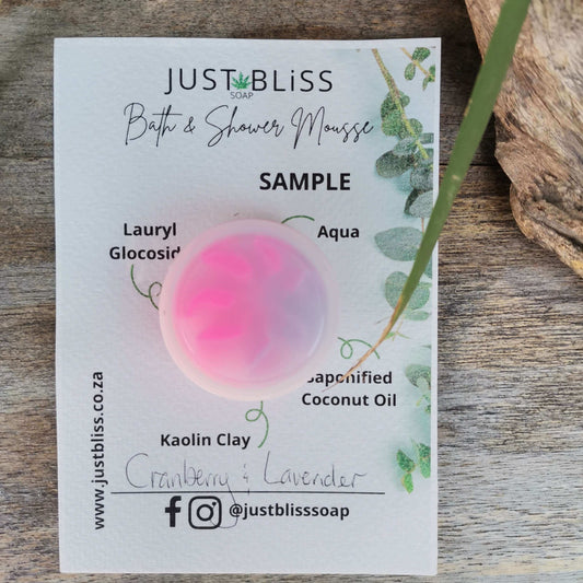JUSTBLISS: BATH AND SHOWER MOUSE: Sample Cranberry and Lavender -10ml