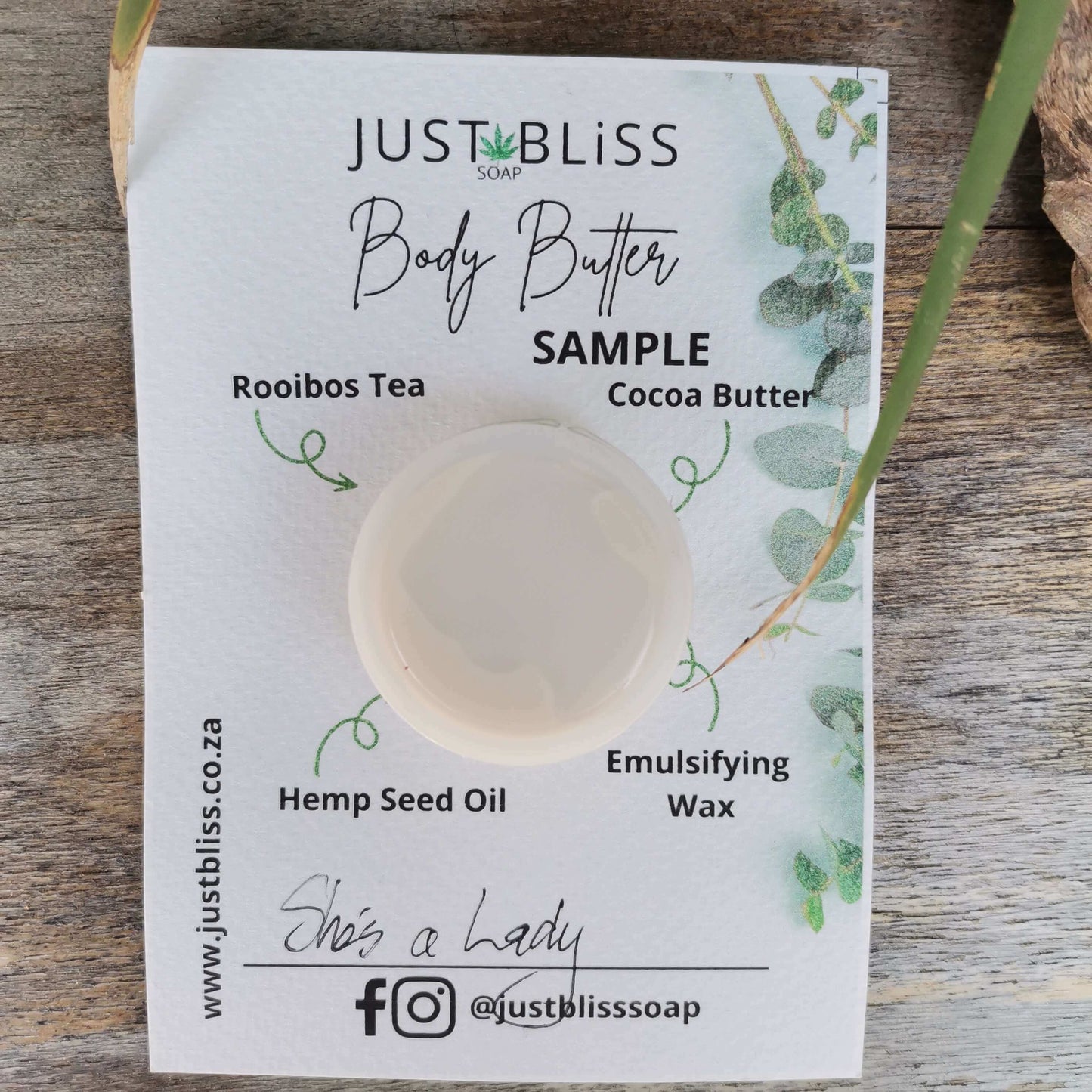 JUSTBLISS: Rooibos tea BODY BUTTER: Sample She's a lady - 10ml