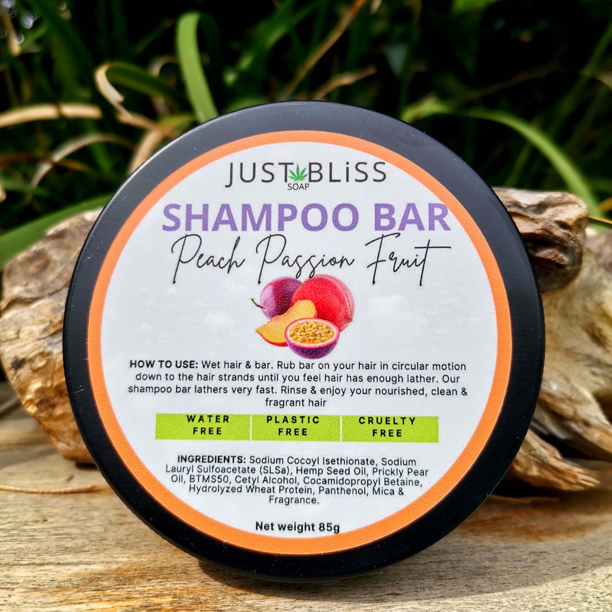 JUSTBLISS: SHAMPOO BAR in TIN: Peach Passion Fruit