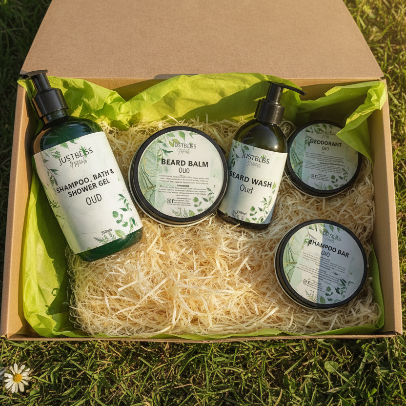 Set of JustBeards grooming products including shampoo, beard balm, and shower gel in a box.