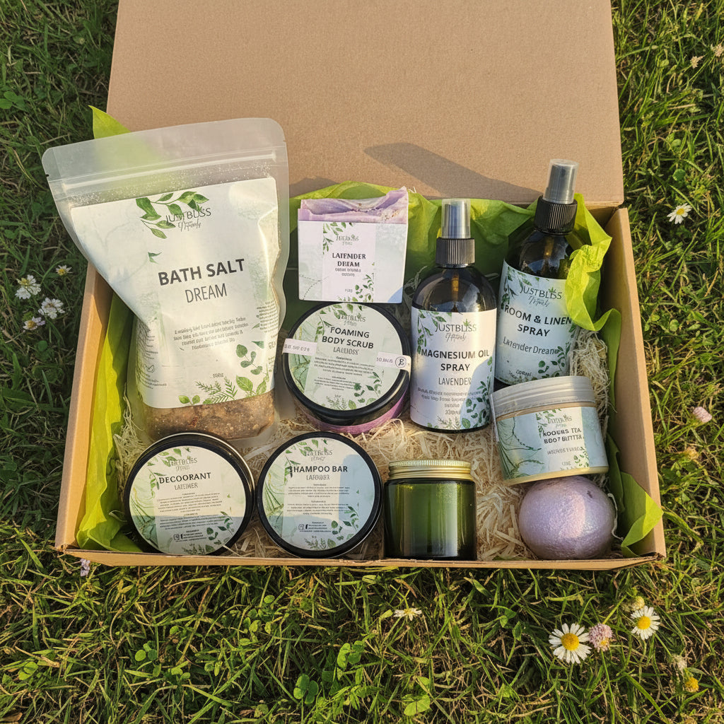 Box of Jute Bliss bath and body products including bath salts, body scrub, oil spray, and more.