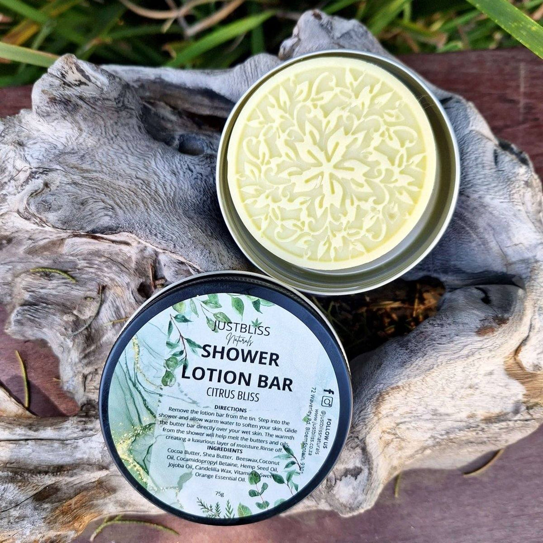 Citrus Bliss Shower Lotion Bar in decorative tin on rustic wooden background.