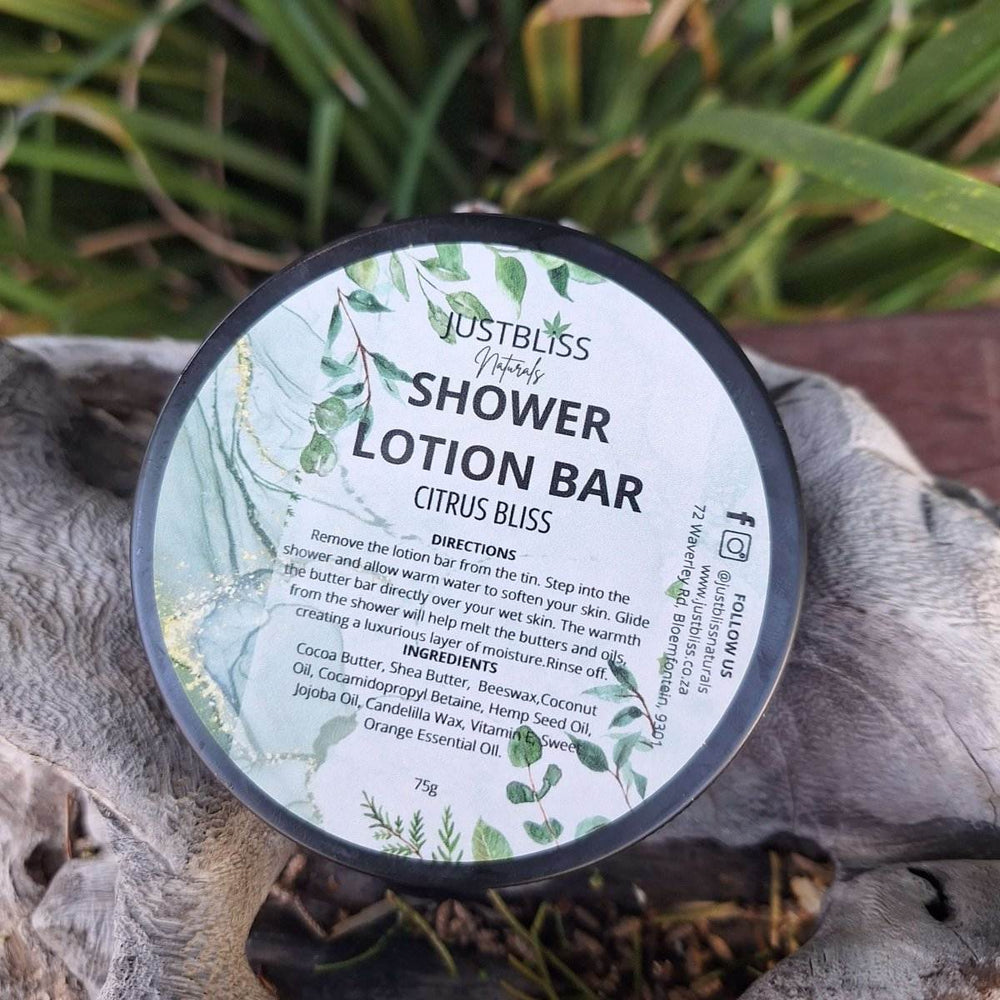 Citrus Bliss Shower Lotion Bar for deep hydration with cocoa and shea butter.