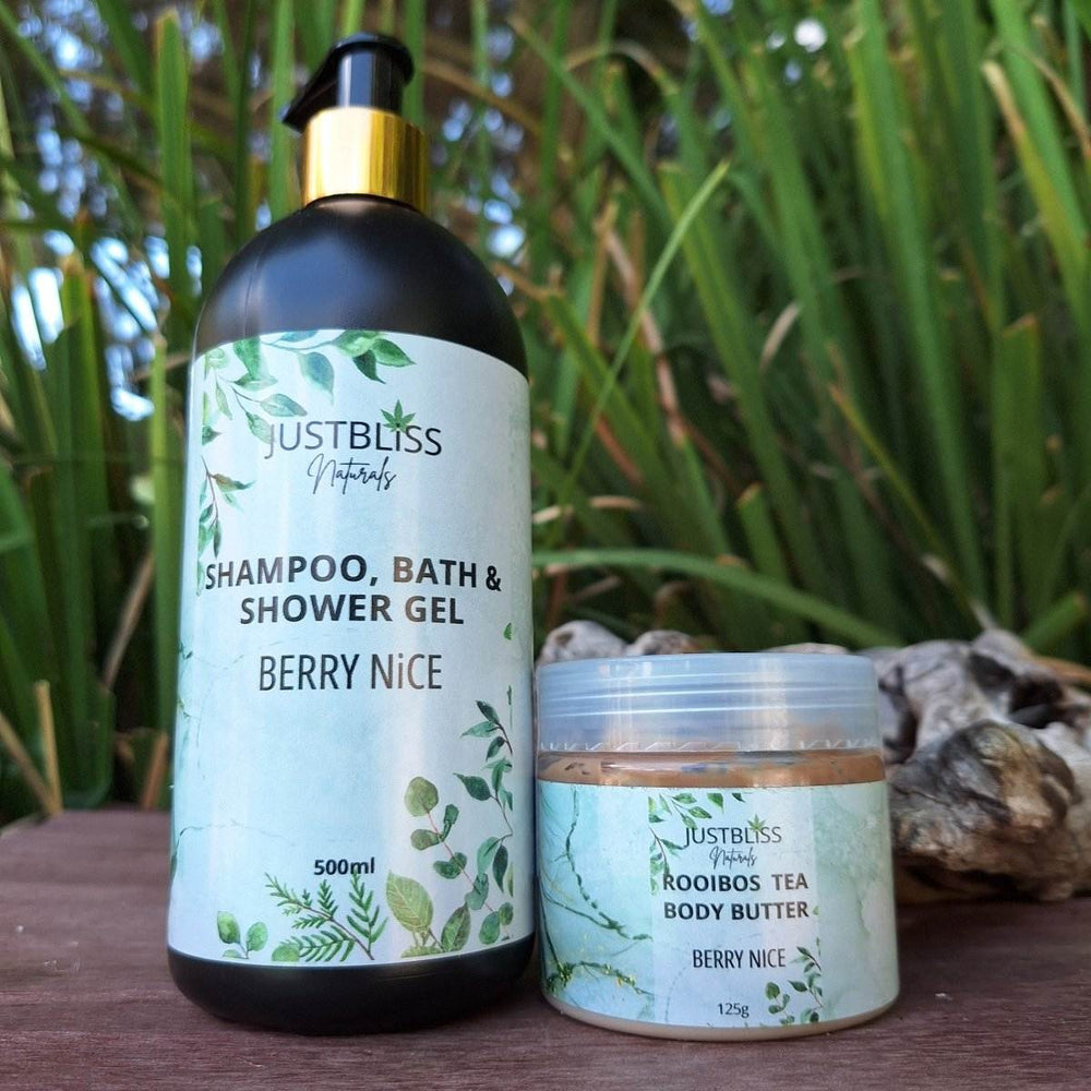 COMBO BODY WASH & BODY BUTTER Berry Nice set with shampoo, bath & shower gel, and Rooibos body butter.
