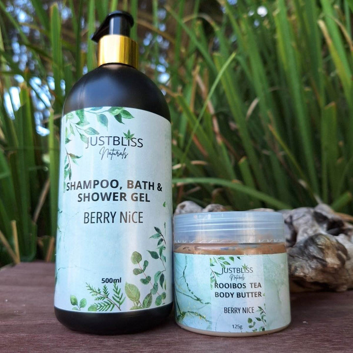 COMBO BODY WASH & BODY BUTTER Berry Nice set with shampoo, bath & shower gel, and Rooibos body butter.