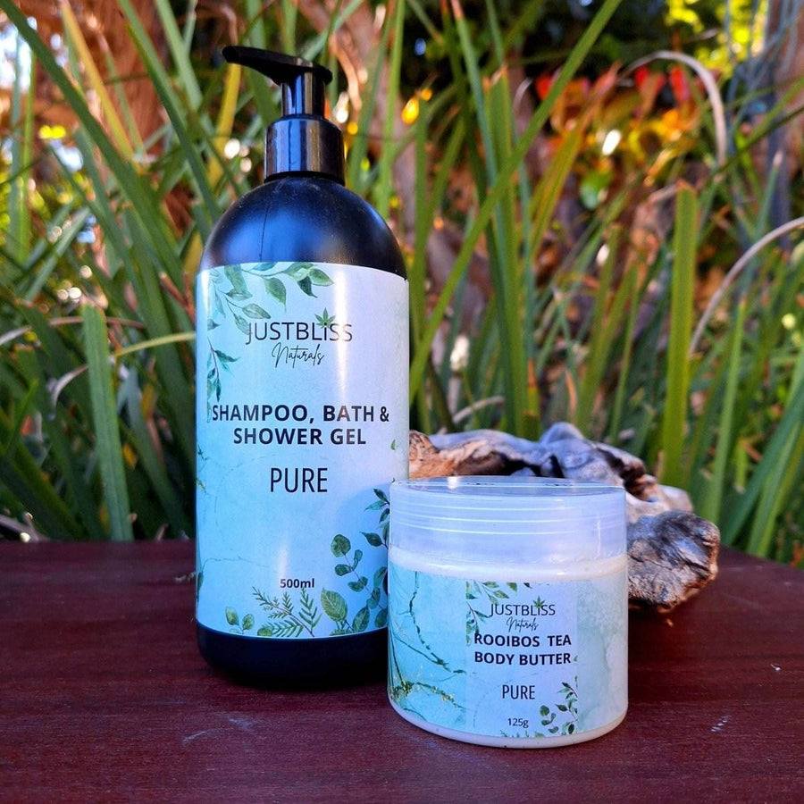 COMBO BODY WASH & BODY BUTTER set with lemongrass scent, featuring JUSTBLiSS shampoo, shower gel, and Rooibos body butter for all skin types.