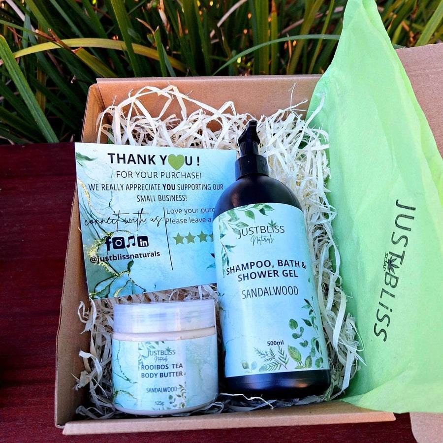 COMBO BODY WASH & BODY BUTTER packaging with shampoo, bath, shower gel, and rooibos tea body butter in a gift box.