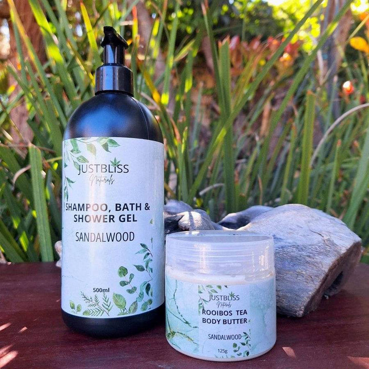 COMBO BODY WASH & BODY BUTTER set in nature, featuring shampoo, bath & shower gel and Rooibos body butter.