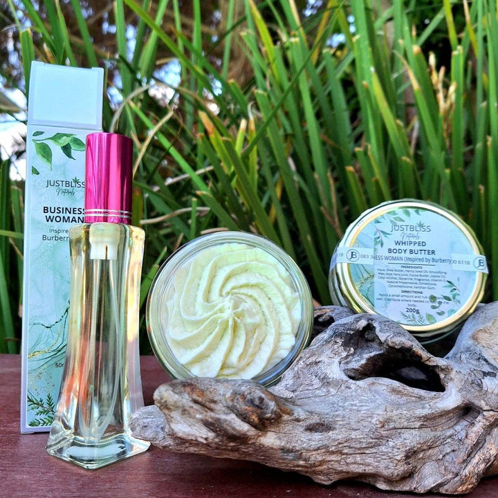 COMBO Floral Perfume & Whipped Body Butter displayed with natural elements.