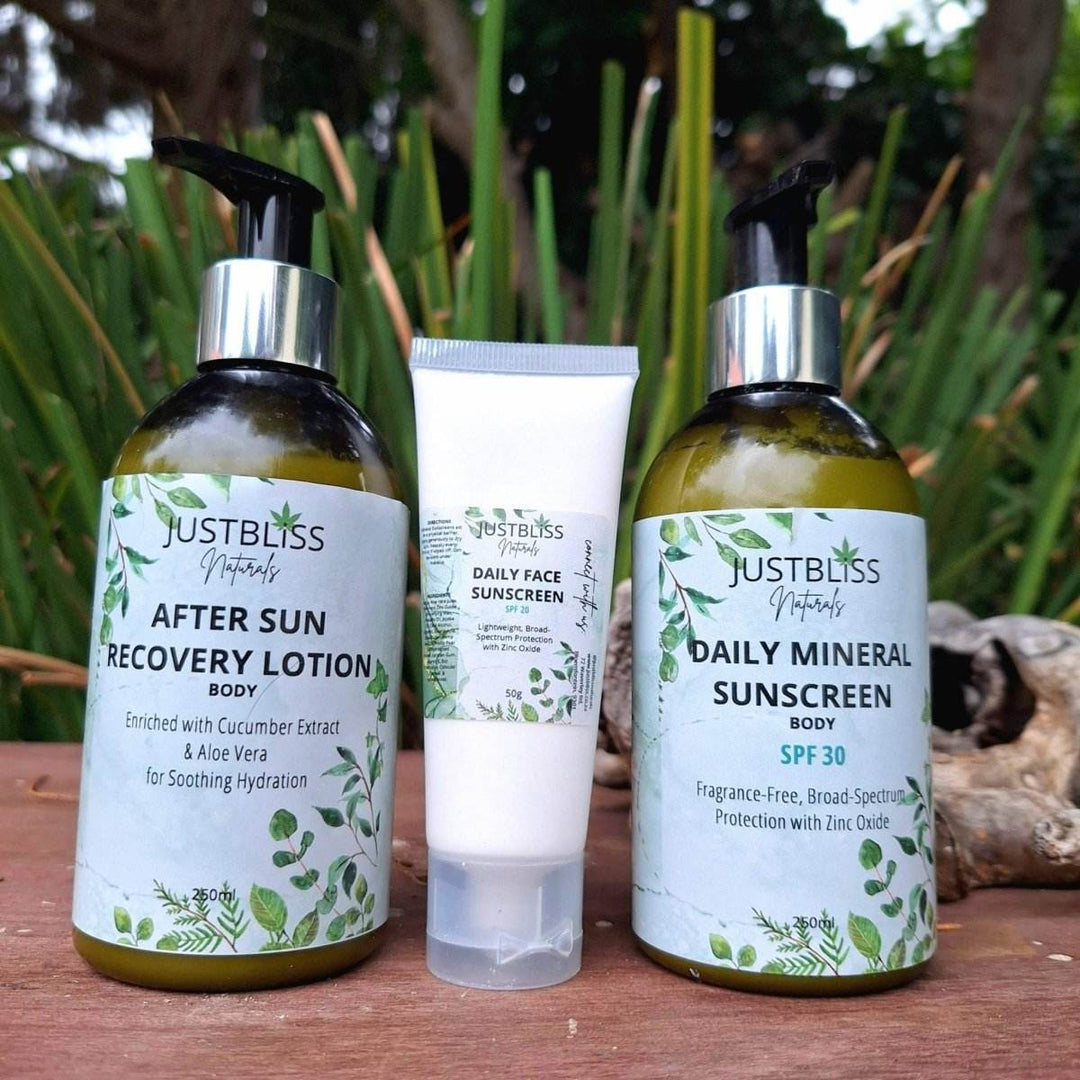 Plant-Based Sun Protection Trio – Face SPF 20, Body SPF 30 & After-Sun Lotion - JUSTBLiSS Naturals
