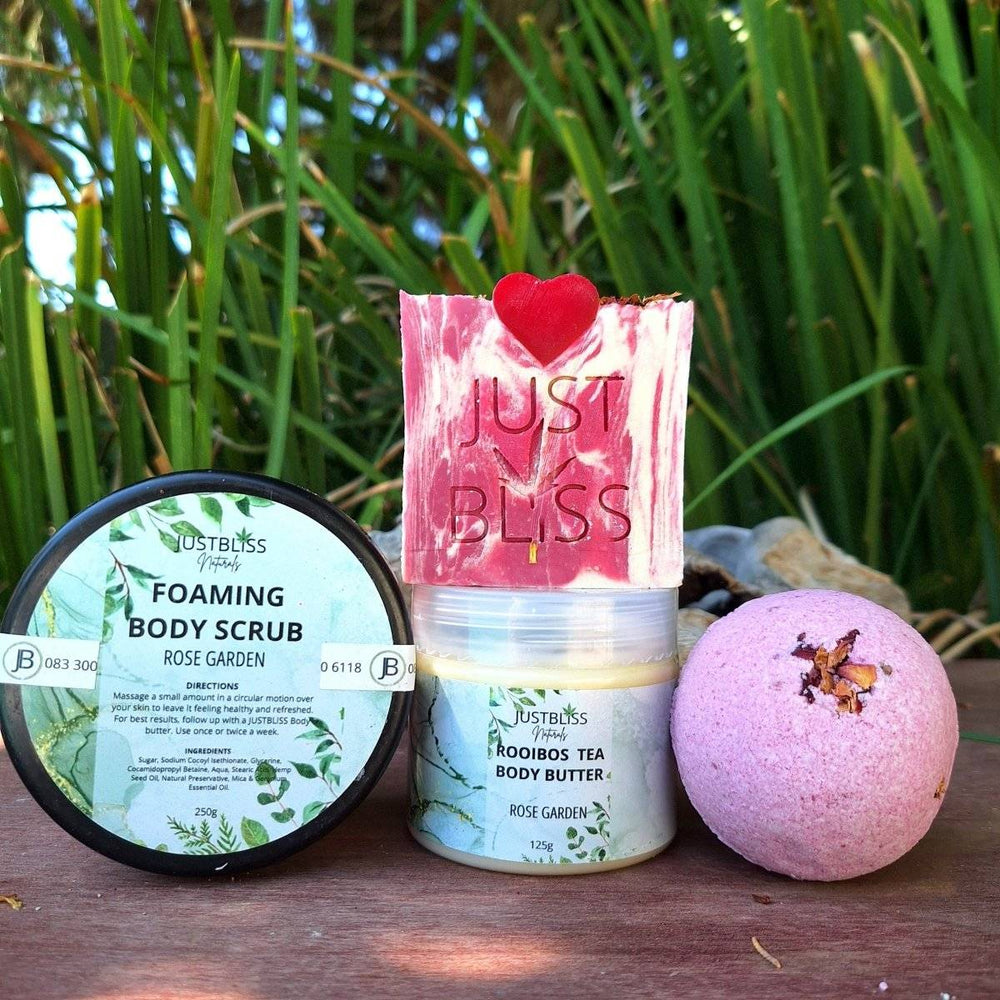 Romantic Gift Box featuring rose garden body scrub, body butter, soap, and bath bomb.