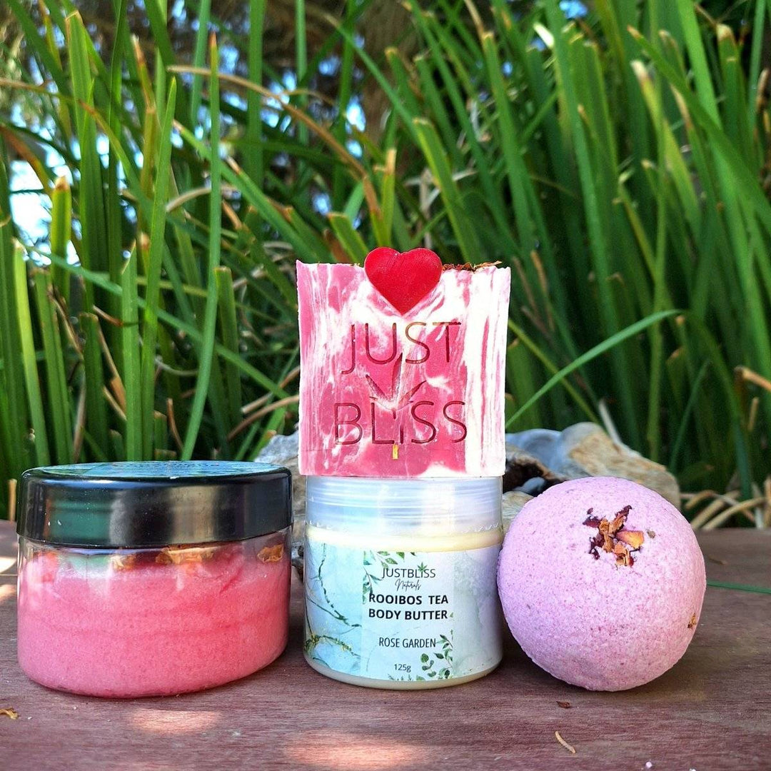 Rose Garden Romantic Gift Box with body scrub, body butter, soap bar, and bath bomb.