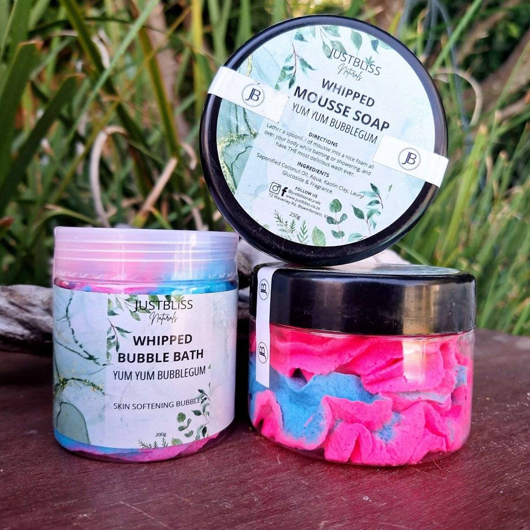 Bubblegum themed gift box with bath mousse and whipped bubble bath for a luxurious bath experience.