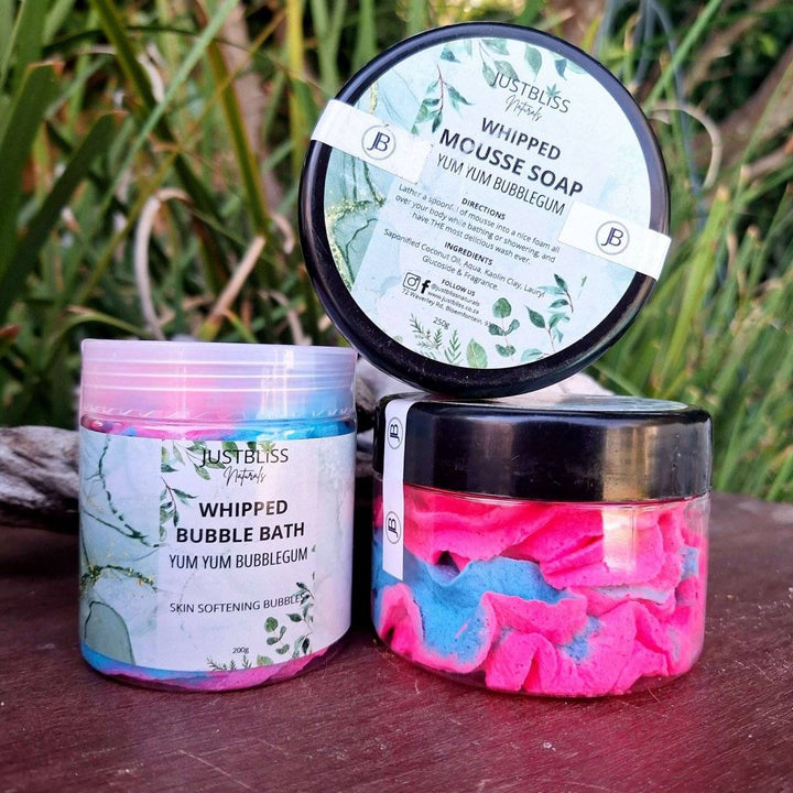 Bubblegum themed gift box with bath mousse and whipped bubble bath for a luxurious bath experience.